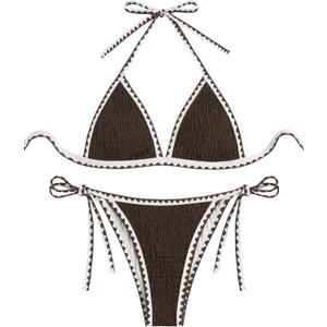 ZAFUL Women Triangle Bikini Sets Sexy Two Piece Swimsuit Halter V Neck String Bathing Suits Tie Side Swimwear 2025 (Medium, Coffee)