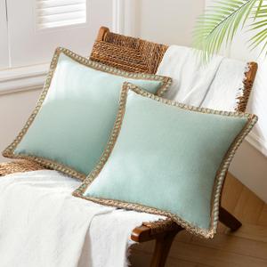 Phantoscope Pack of 2 Farmhouse Decorative Solid Throw Decorative Pillow Cover Burlap Linen Trimmed Tailored Edges Light Turquoise 24 x 24 inches, 60 x 60 cm