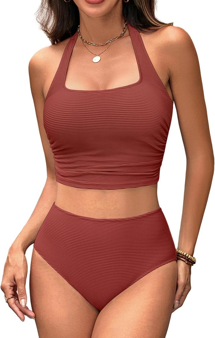 BMJL Womens High Waisted Bikini Sets Halter Two Piece Swimsuits Sporty Ribbed Tummy Control Bathing Suit, Large