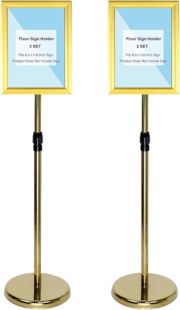 2 Sets Heavy Duty Stainless Steel Sign holder Stand, Adjustable Height 8.5 x 11 Inch Vertical Horizontal Aluminum Snap Open Frame Floor Billboard Stand .(gold, A4)
