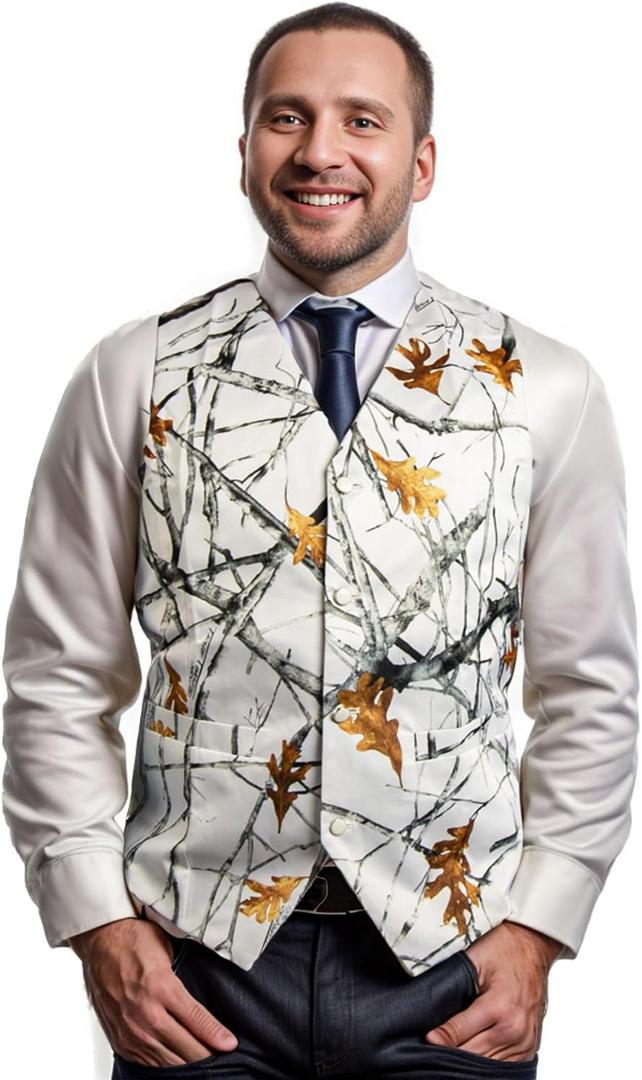 Vest For Men Camo Vest For Wedding Grooms Men's Hunting Sleeveless Camouflage Vest (White, XL)