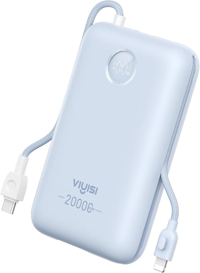 VIYISI Portable Charger 20000mAh 30W Fast Charging, Power Bank with Built-in Cables & LED Display, USB C Battery Pack for iPhone, Samsung, iPad and Android Phones, Ideal for Travel -Light Blue