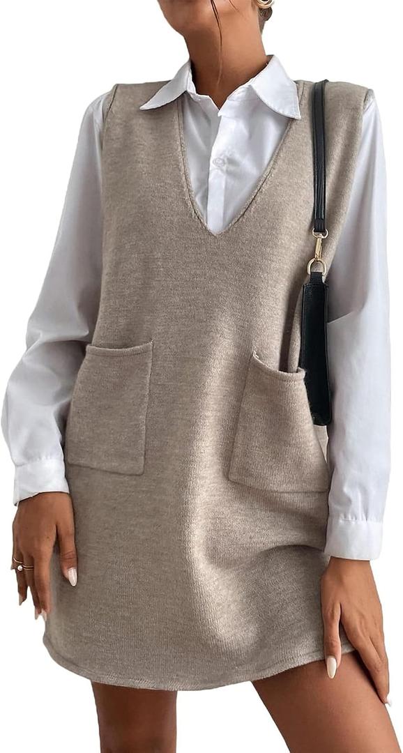 Biffexu Sweater Vest Dress V Neck Sleeveless Sweater with Pockets | Knitted Solid Pullover Short Sweater for Business Casual (L)