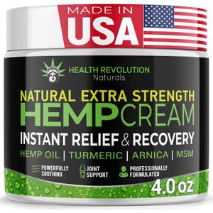 Health Revolution Hemp Arnica Cream Maximum Strength - Soothes Muscles, Joints, Feet, Nerve, Back, Knee, Hip, with Arnica, MSM, Emu, Turmeric - Expertly Formulated 4oz (4 Ounce (Pack of 1))