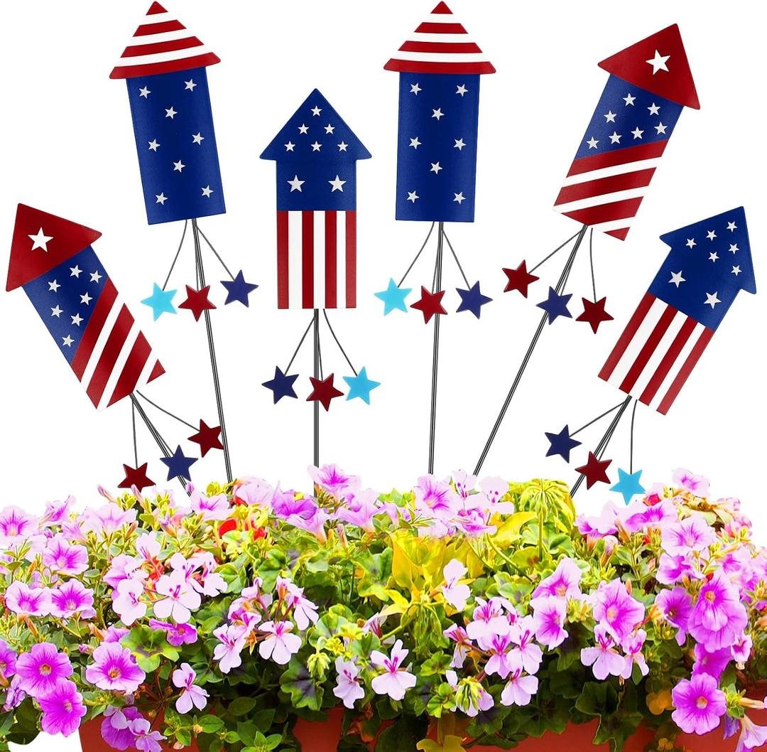 Pickmesh 6 Pcs 12" H 4th of July Outdoor Decor Patriotic Metal Yard Sign Red White Blue Fireworks Garden Stake 250th Anniversary USA Flag Rocket American for Memorial Day Independence Day Decoration
