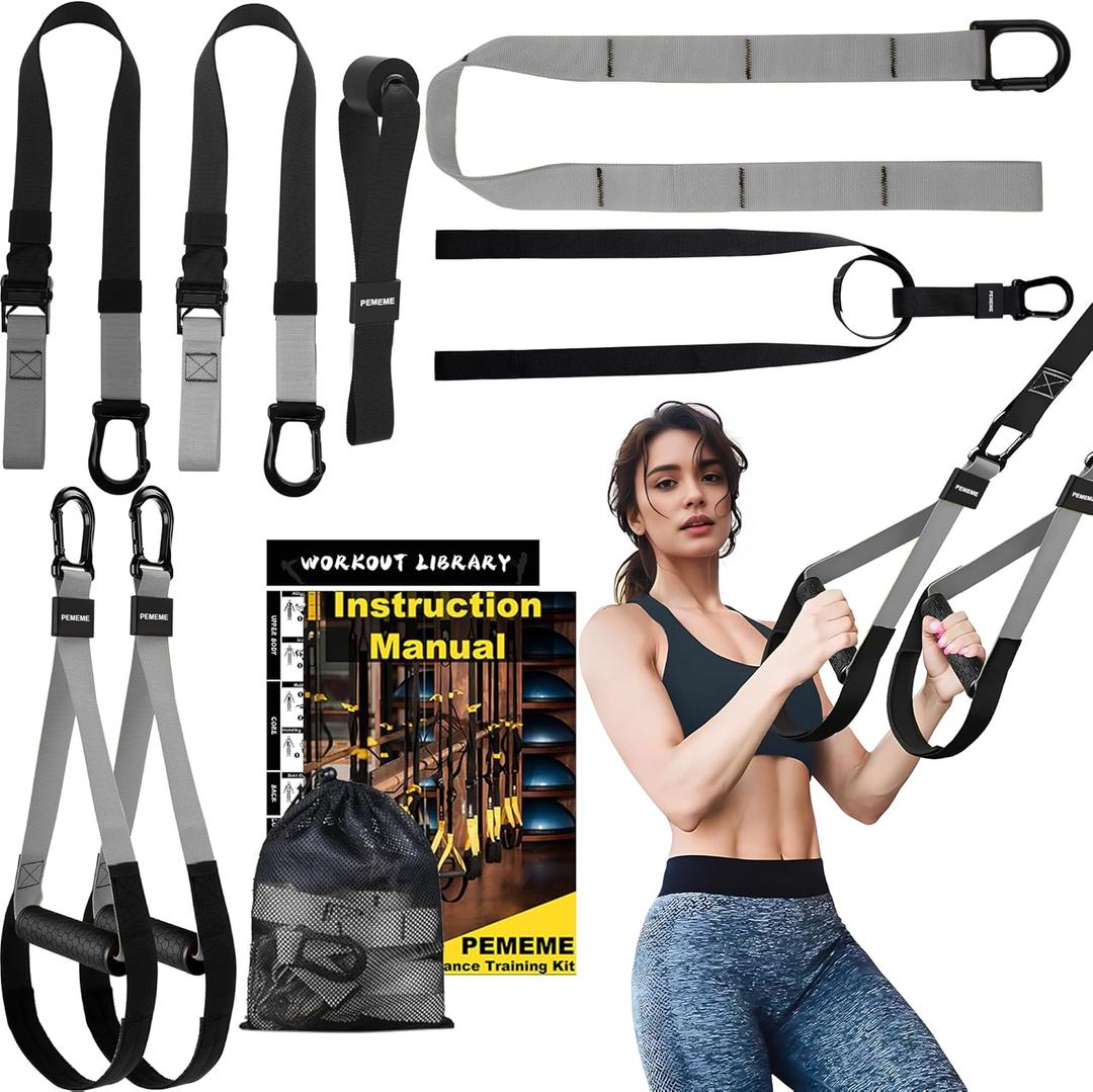Home Resistance Training Kit | Full-Body Workout with Suspension Trainer Straps, Door Anchor, Handles, and Carrying Bag | Complete Home Gym Equipment (Grey)