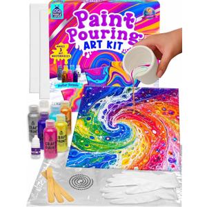 3 x Low-Mess Pouring Paint for Kids, Non-Toxic Crafts for Girls 8-12 | Washable Painting for Kids, Includes Gloves & Table Cover, Easier Cleanup, Screen-Free Arts & Crafts for Girls & Boys