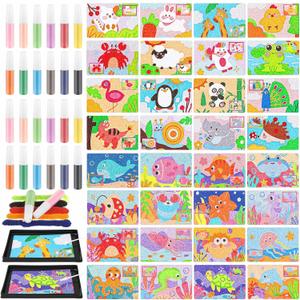 Tenceur 58 Pcs Kids' Sand Art Kits Color Craft Sand Art Pictures Peel and Stick 12 Color Kit Painting Board Painting Tray Brush Bottles for Kids DIY Crafts Gifts (Underwater World and Animal World)