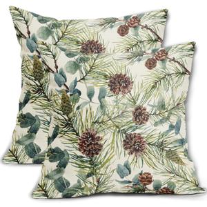 Winter Floral Pillow Covers 18x18 Inch Set of 2 , Green Watercolor Flower Leaf Print Rustic Themed Christmas Decorative Throw Pillow Cases Outdoor Cushion Cover Holiday Farmhouse Sofa Couch Bed Decor