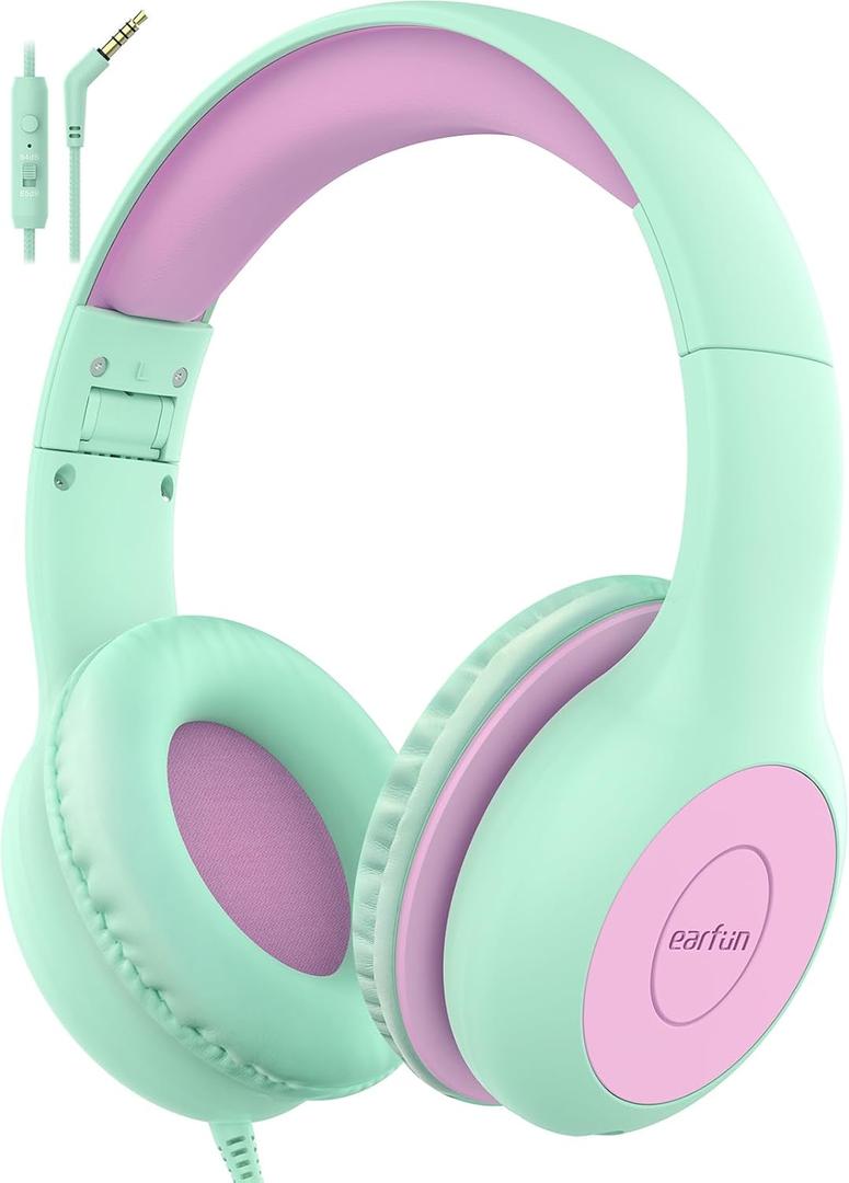EarFun Kids Headphones Wired with Microphone, 85/94dB Volume Limit Headphones for Kids, Portable Wired Headphone with Shareport, Stereo Sound Foldable Headset for School/Tablet/iPad, Green Violet