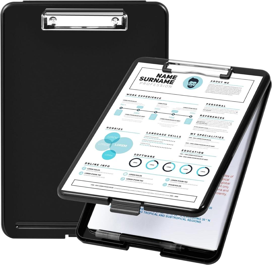 Amazon Basics Sturdy Plastic Storage Clipboard for School & Office Supplies, Lightweight, Black, 2-Pack