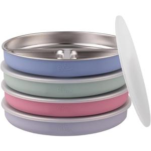 Stainless Steel Divided Plates + Silicone Sleeve and Storage Lid | Baby, Toddler, Kids | Dinner & Snack Plates | 4 Pack (Sage/MistyBlue/Blush/Lilac)