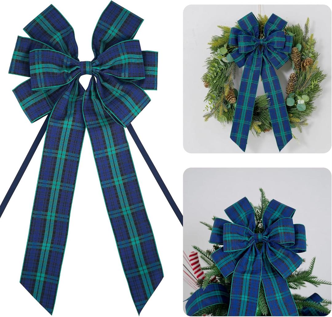 AIMUDI Christmas Tree Bows 10×20'' Navy Blue Green Plaid Bows for Gift Wrapping Wreath Bows with Wire Edge Premade Gift Bows for Craft Present Fireplace Holiday Christmas Decorations, 2 PCs