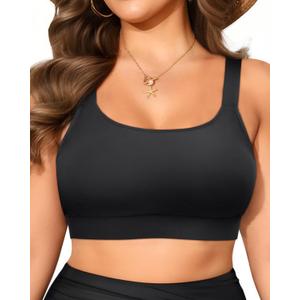Daci Women Plus Size Sports Bra Bikini Top Only Push Up Scoop Neck Swim Top Full Coverage Bathing Suit for Large Bust (Black)