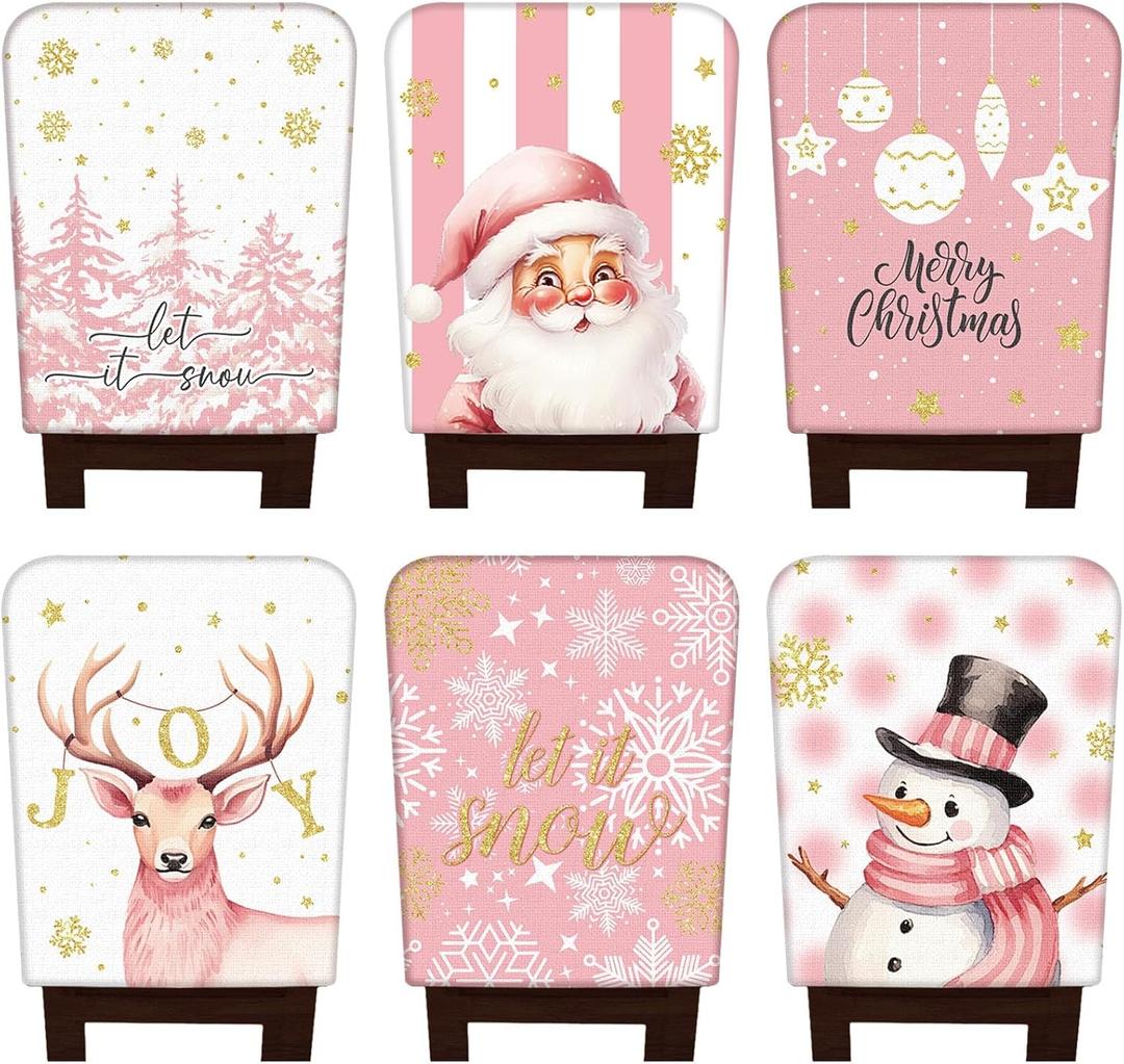 6 Pcs Pink Christmas Snowman Chair Covers Chair Back Covers Xmas Chair Protector Slipcovers Washable Winter Dining Room Seat Covers for Home Hotel Kitchen Decorations