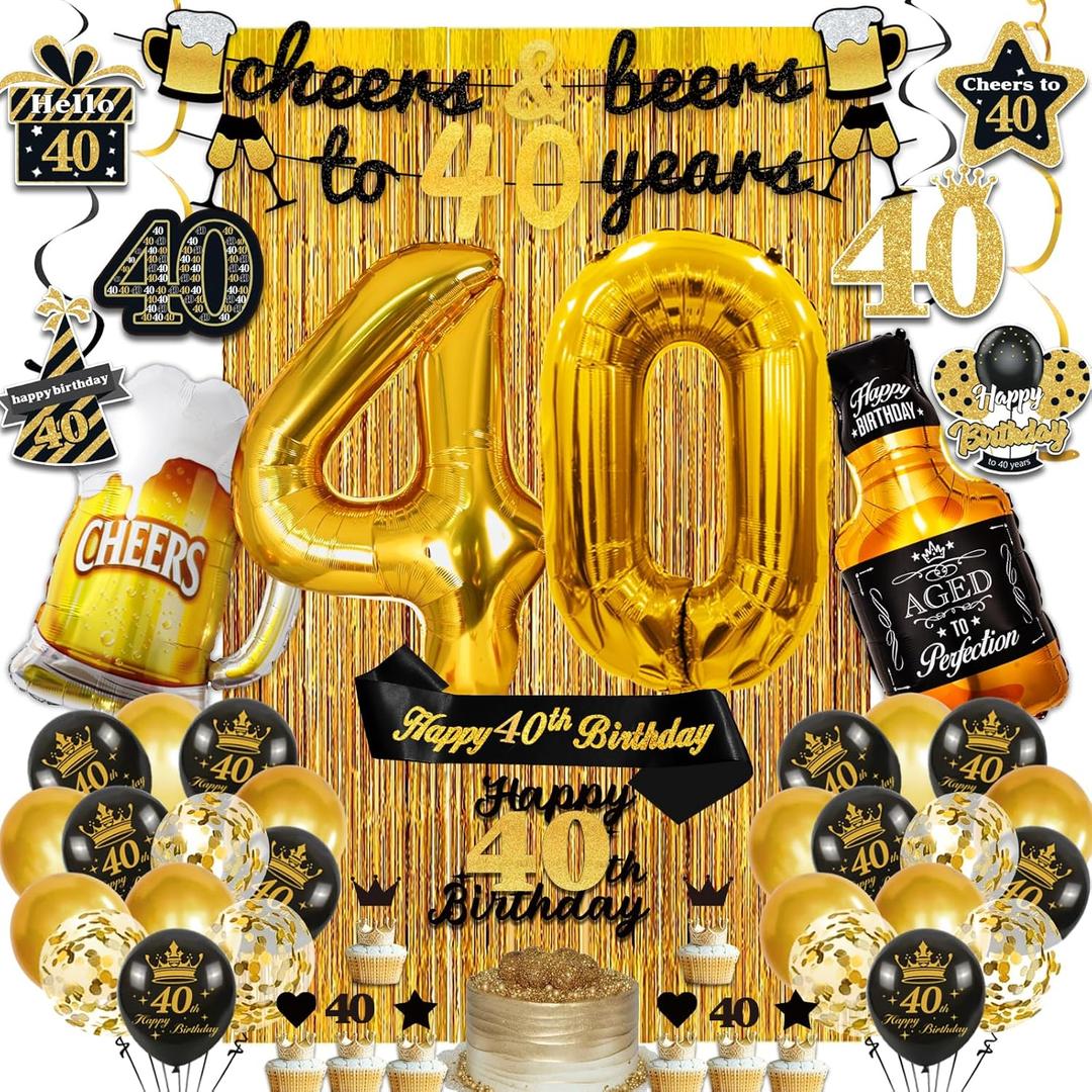 40th Birthday Decorations for Men, 40th Birthday Party Decorations for Him with Gold 40 Number Balloons,Cheers to 40 Years Banner for Men Black and Gold Happy 40th Birthday Decorations