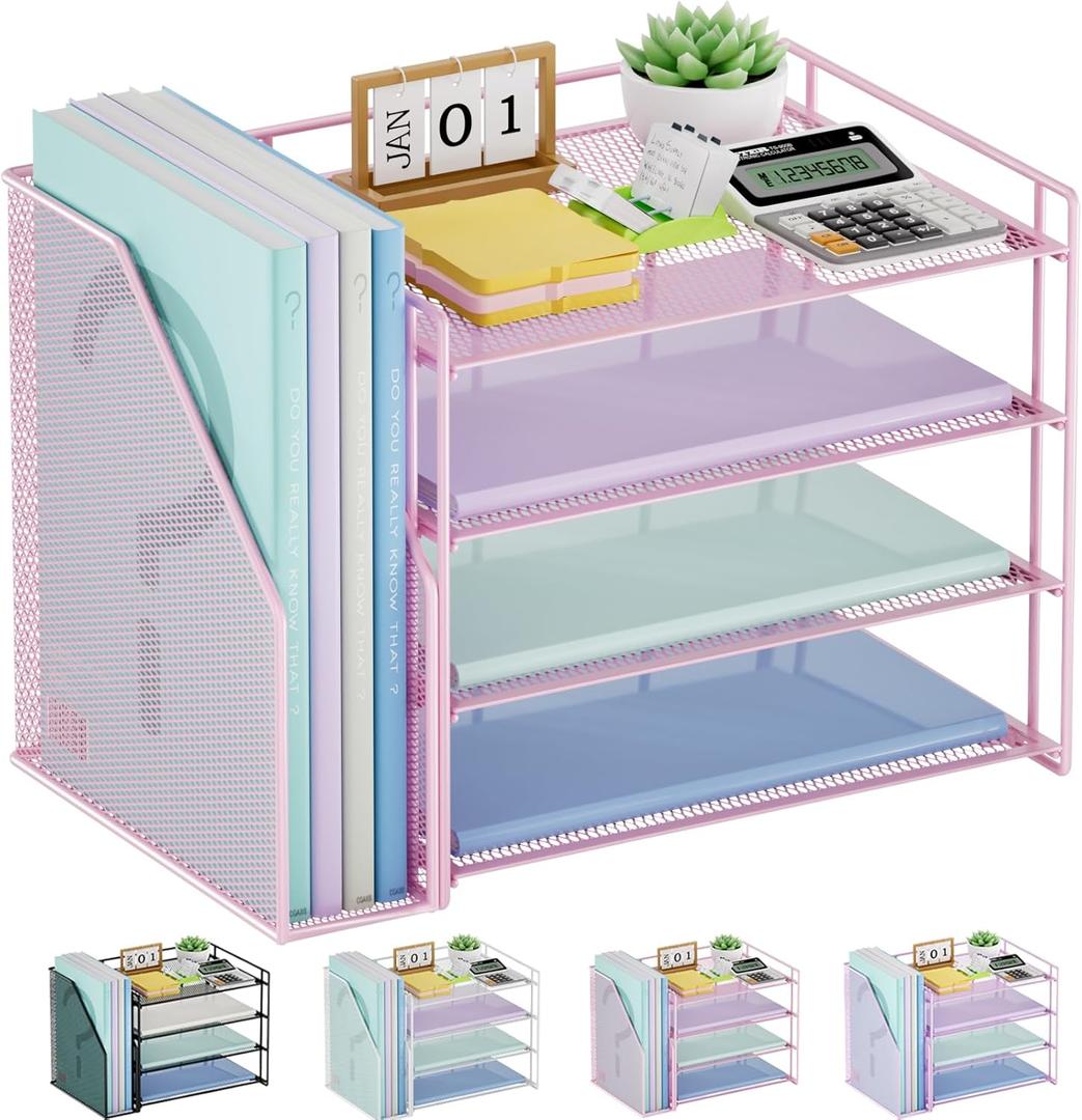 Marbrasse Desk Organizer and Accessories4-Tier Paper Letter Tray Organizer with File HolderDesk Accessories & Workspace Desktop Organizers for School Home Office Supplies (Pink)