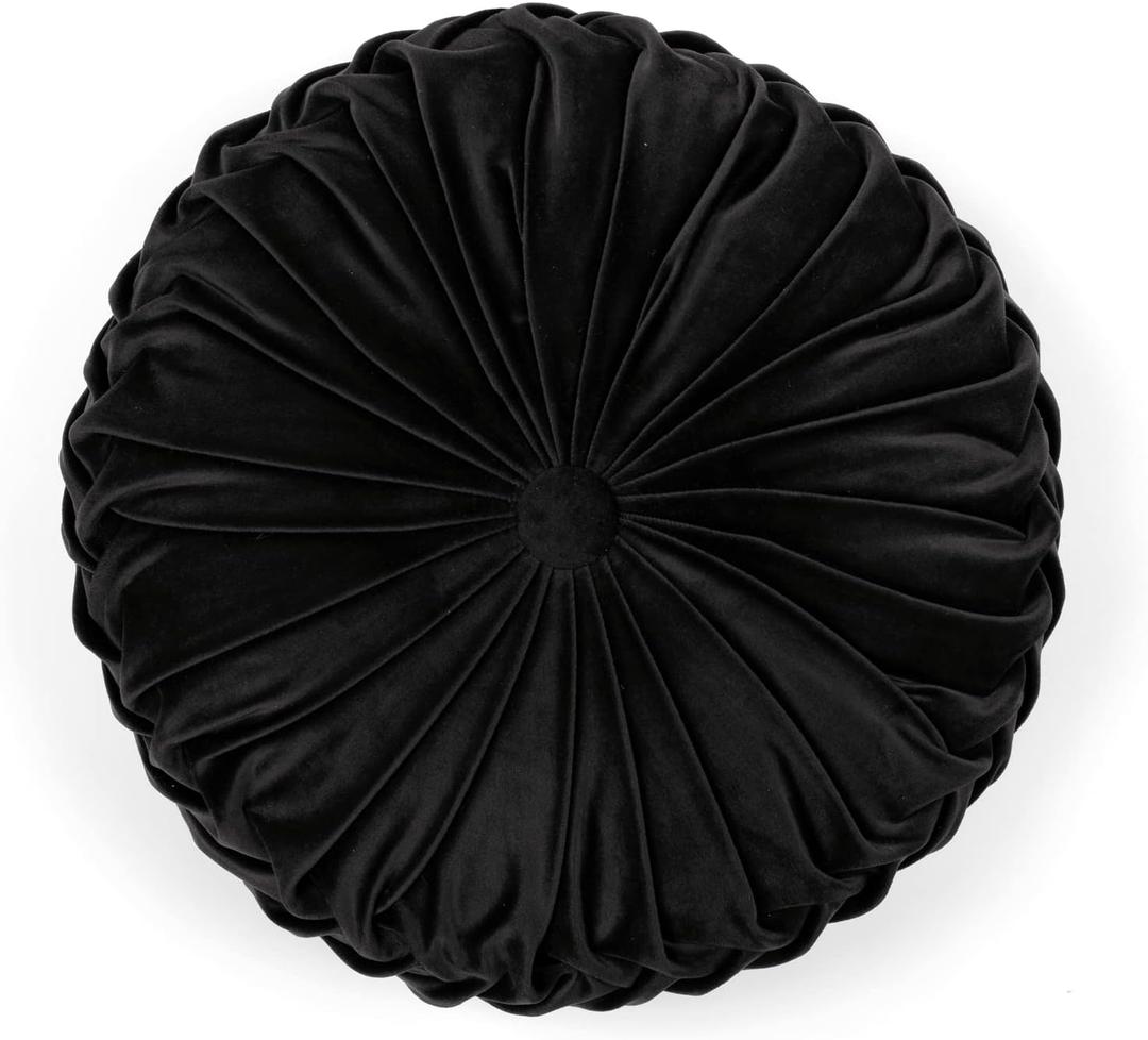 Lush Decor Round Pleated Soft Velvet Decorative Throw Pillow, 1 Count, 15" Diameter, Black - Plush Round Pillow, Seat Cushion, Decorative Pillows For Bed, Couch, Or Chair