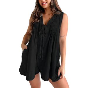Perbai Women's Casual Summer Jean Romper V Neck Sleeveless Tie Front Denim Romper Overall Shorts with Pockets (Large, Black)