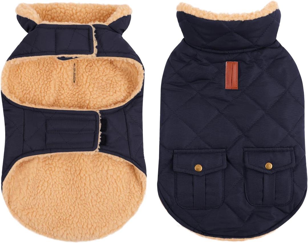 Queenmore Warm Dog Coat, Cold Weather Puffer Dog Coat, Quilting Winter Dog Jacket Ultra Thick Plush Lining with Storage Pockets (Small, Navy) 1 Pack
