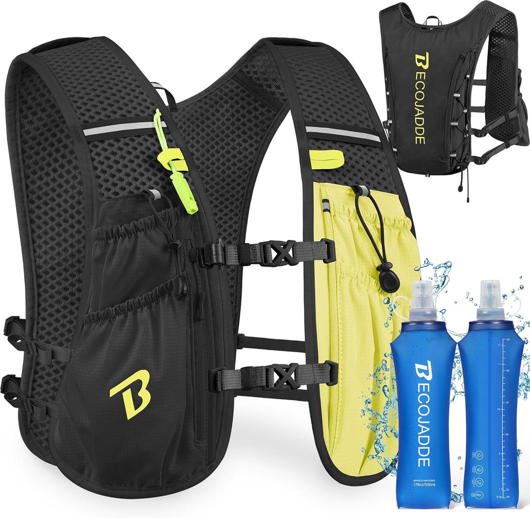 Running Vest Hydration Backpack for Men Women, 5L Lightweight Running Backpack Hydration Pack for Marathon, Trail, Cycling, Hiking, Jogging (5L Running Vest with Two 500ML Soft Water Bottles, Black)