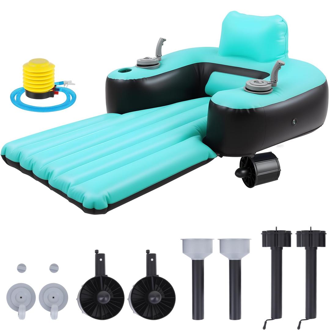 ShinyRelief Motorized Pool Float for Adults, Inflatable Pool Lounger with Built in Dual Motor, Cup Holders, Backrest, Foot Pump for Lake, Beach, Summer Party(Color-Block,Green Black)