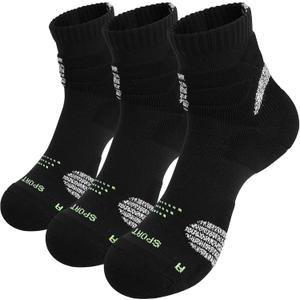 3 Pairs Compression Running Socks for Men, Cushion Padded Anti-Blister, Moisture Wicking Cooling, Athletic Socks Crew (Black, size 8-10)