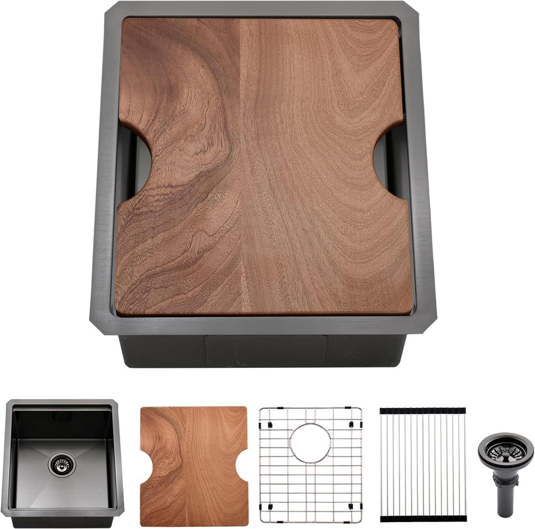 Black Undermount Bar Sink, 15 x 17 Inch Black Stainless Steel Undermount Kitchen Sink Single Bowl 16 Gauge Wet Bar Prep Basin