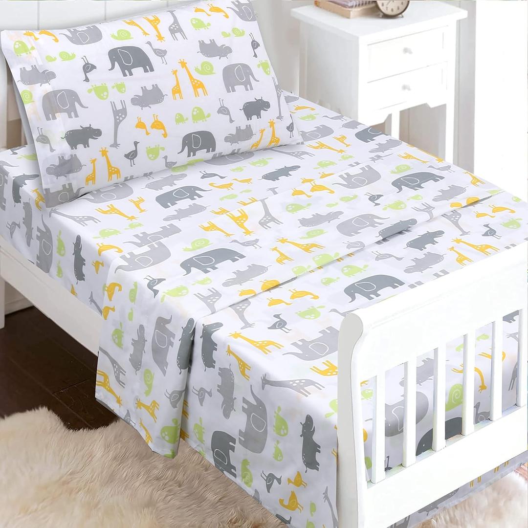 100 Cotton 3 Piece Toddler Sheet Set, Soft Breathable Crib Bedding Set for Boys Includes a Flat Sheet, a Fitted Sheet, a Pillowcase, Safari Fun Animals Elephant Giraffe Hippo Grey (Multicolor)