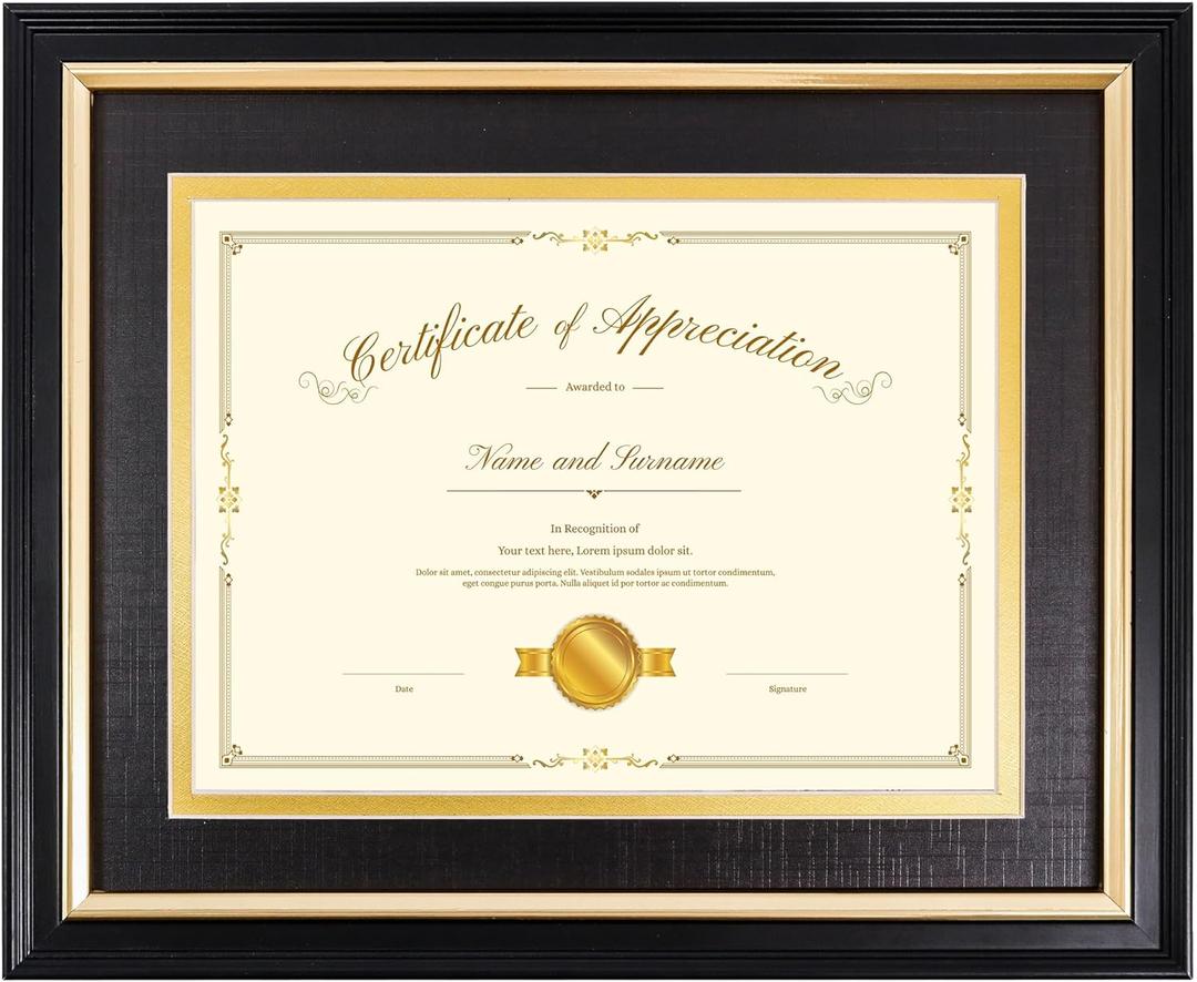 8x10 Diploma Frame for 6x8 Document/Certificate/Picture with Black and Gold Mat, Solid Wood Degree Frame, Real GlassWall Display and Tabletop