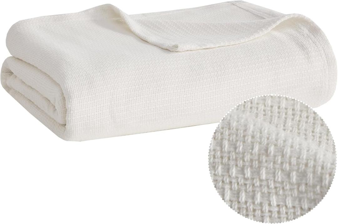 Madison Park Freshspun Basketweave Luxury Cotton Blanket Cream 90x90" Full/Queen Size Basketweave Premium Soft Cozy 100% Cotton For Bed, Couch or Sofa