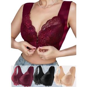 Pack Front Closure Bras for Women Full Coverage Lace Wireless Bralettes, Soft Breathable Support Wirefree Everyday Bras (XL)