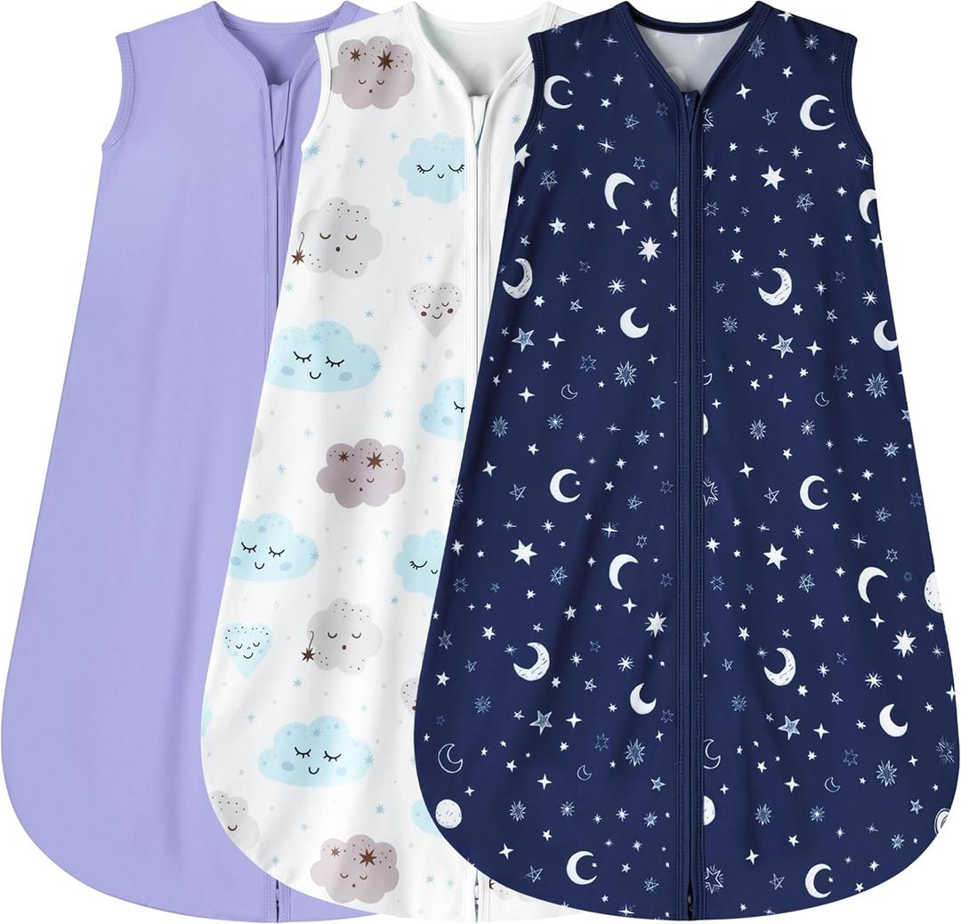 BSTOPPT 3 Pack Baby Sleep Sack 6-12 Months 100% Rayon Cotton Baby Sleeping Bag 2-Way Zipper Toddler Wearable Blankets Comfy Stretchy Lightweight TOG 0.3 Purple&Clouds&Starry Sky, Medium