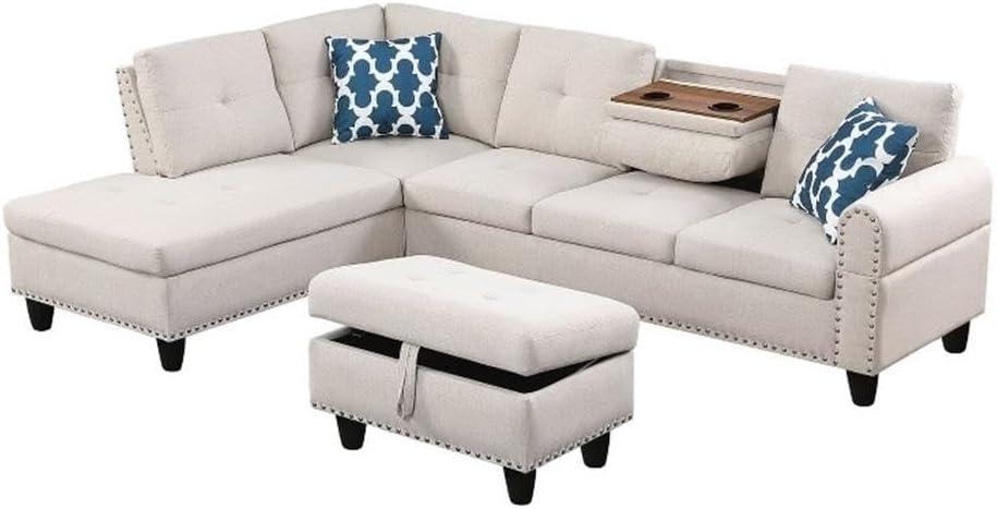 Devion Furniture Polyester Fabric Sectional Sofa, Tufted Design, in Beige Finish