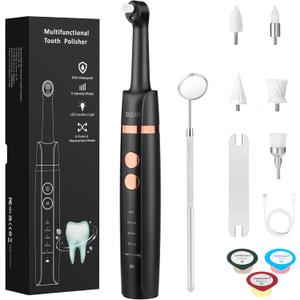 Tooth Polisher - SIQUER Plaque Remover for Teeth Whitening Dental Tools Electric Tartar Polishing Teeth Cleaning Kit with LED Light 5 Speed Modes with 5 Replacement Brush Heads (Black)