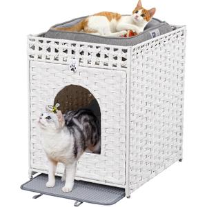 Snughome Cat Litter Box Enclosure Furniture Hidden with Litter Mat, Hidden Washroom Furniture with Door, Handwoven Rattan Cat Washroom Box, Indoor Pet House for Living Room, Bedroom(White) (20.87"L x 16.93"W x 22.44"H)