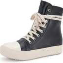 Kluolandi Women's High Top Sneakers Lace Up Canvas Shoes with Zipper Comfort Platform Walking Shoes in Black and White (9, Black Pu)