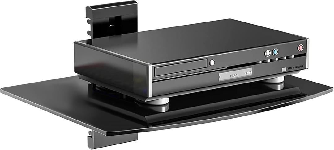 suptek Glass Floating Shelf, 1 Tier Media Shelf for TV Accessories, Flat Black Wall Mount Bracket, 17.6lbs Weight Capacity, Quick Installation, Cable Management, Custom Style, Backless