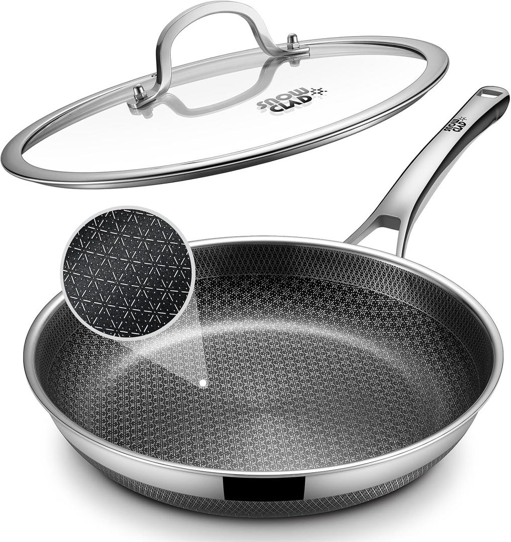 SNOWCLAD Non Stick Frying Pans,12-Inch Stainless Steel Skillet,Pan with Lid