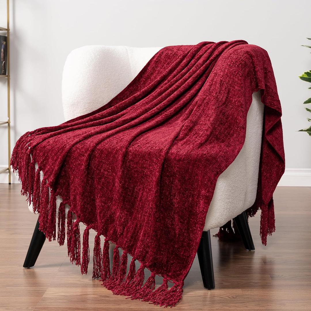 PAVILIA Burgundy Red Chenille Throw Blanket for Couch Sofa, Soft Maroon Red Knit Throw with Tassel, Decorative Blanket for Bed Chair Living Room, Wine Red 50x60