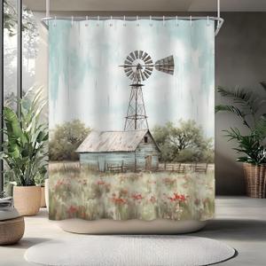 Windmill Shower Curtain Rustic Farm Country Bathroom Decor, Waterproof Cloth Fabric with Hooks, 70x78 Inches