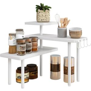 IBUYKE Countertop Organizer, 3-Tier Spice Racks, Kitchen Counter Corner Shelf, 4 Side Hooks, Adjustable Countertop Shelf for Kitchen, Bathroom, Coffee Bar, Cabinet, Desk, White, TLJ023W