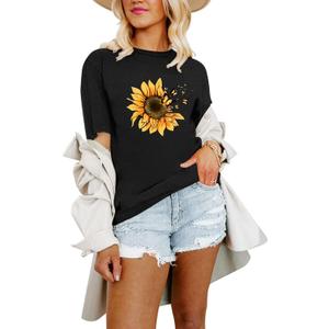 Women T Shirts Boho Graphic Tees Floral Loose Fits Casual Tops Summer Short Sleeves Shirts (Small, Black Sunflower)
