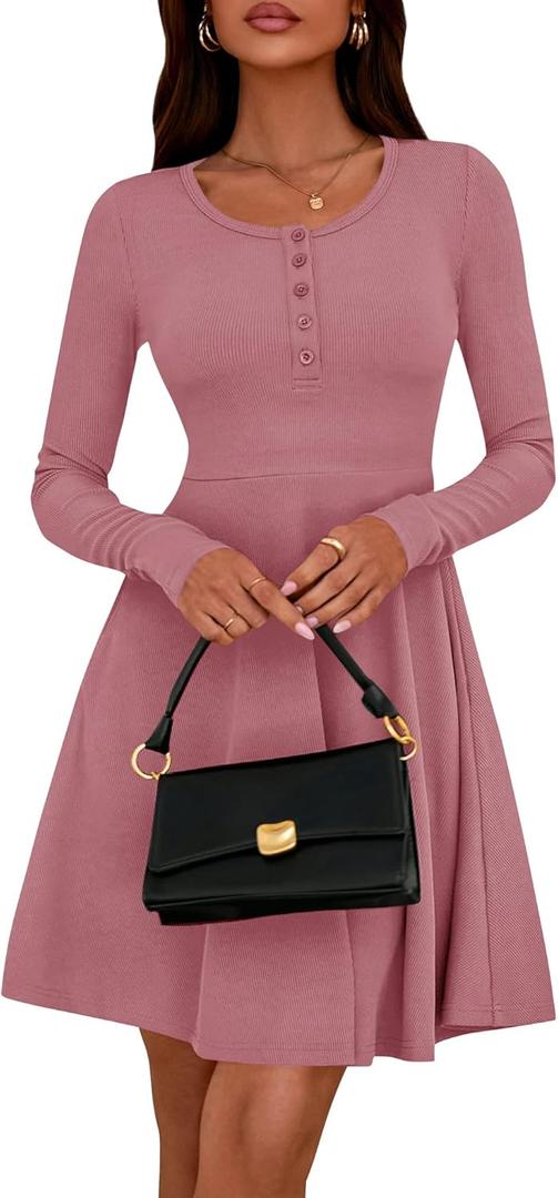 BTFBM Casual Fall Dresses for Women 2025 Long Sleeve Ribbed Button Down Empire Waist A Line Winter Wedding Guest Dress (Brown, XXL)