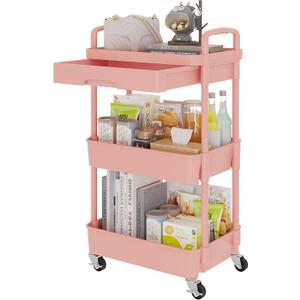 Calmootey 3-Tier Rolling Utility Cart with Drawer,Multifunctional Storage Organizer with Plastic Shelf & Metal Wheel,Storage Cart for Kitchen,Bathroom,Living Room,Office,Pink