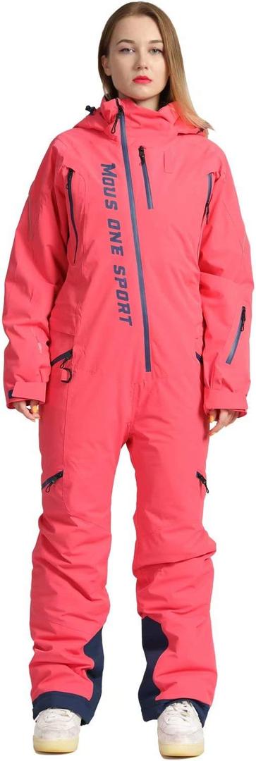 Women One Pieces Ski Suits Waterproof Warm Insulated Ski Jumpsuit Removable Hood Snowsuit for Snow Sport (X-Large, Pink)