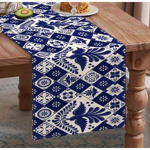 Mexican-Themed Table Runner - 100% Polyester, Colorful Variations - Da de Muertos, Cinco de Mayo, Mexican Culture & Traditions (Birds & Tiles) 13"x58"