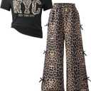 RoseSeek Girl's 2 Piece Leopard Print Outfits Short Sleeve Graphic Tees and Bow Cheetah Baggy Pants Sets, 11Y