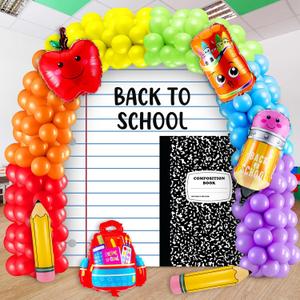 158 Pcs School Party Decorations Large Notebook Paper and Composition Book Backdrop Banner with Rainbow Balloon Garland Arch Kit for First Day of School Kindergarten Party Supplies