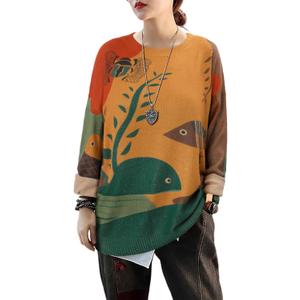 CRAZY GRID Women Knitt Pullover Sweaters Winter Patterned Oversized Long Sleeve Graphic Print Jumper Tops (3X-Large)